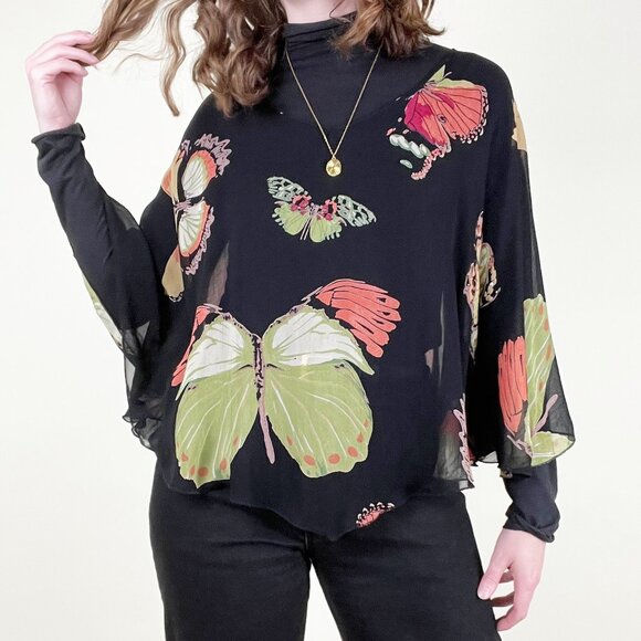 Vintage 90s Y2K Silk Poncho Top Sheer Butterfly Print Whimsical Blouse Tunic 00s - Picture 6 of 6